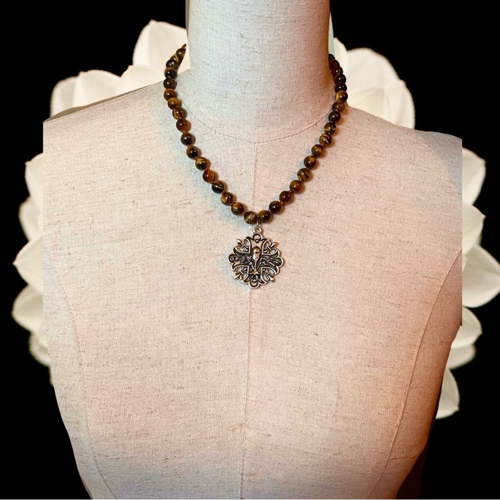 Tigers Eye Beads Cross Coin Medallion Statement  Necklace One Of A Kind